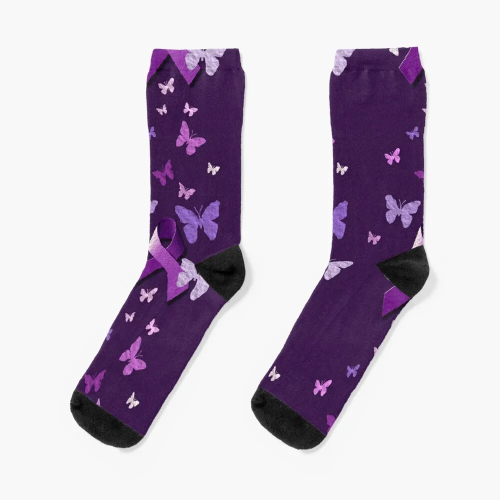 

Purple Awareness Ribbon with Butterflies Socks anti-slip Thermal man winter Crossfit crazy Socks Men Women's