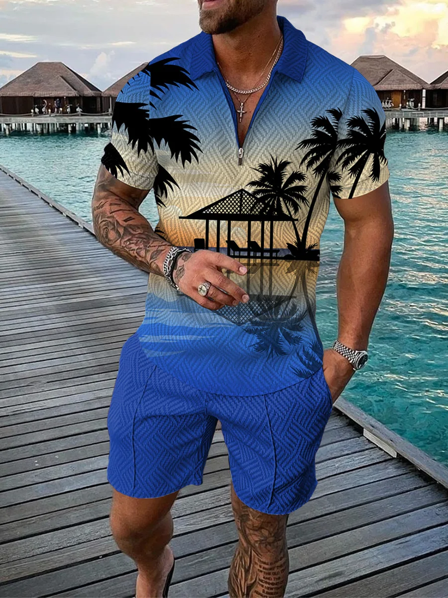 

Hawaii 2pcs sets 3D Coconut tree print Zipper Polo Shirt Short Sleeve Shirt and Shorts Casual Fashion Zip-Up Man 2PCS Sweatshirt