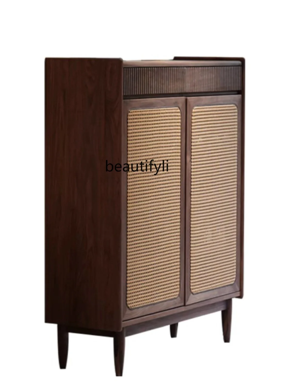 

North America Black Walnut Solid Wood Rattan Shoe Cabinet Double-Door Integrated Wall Entry Entrance Cabinet