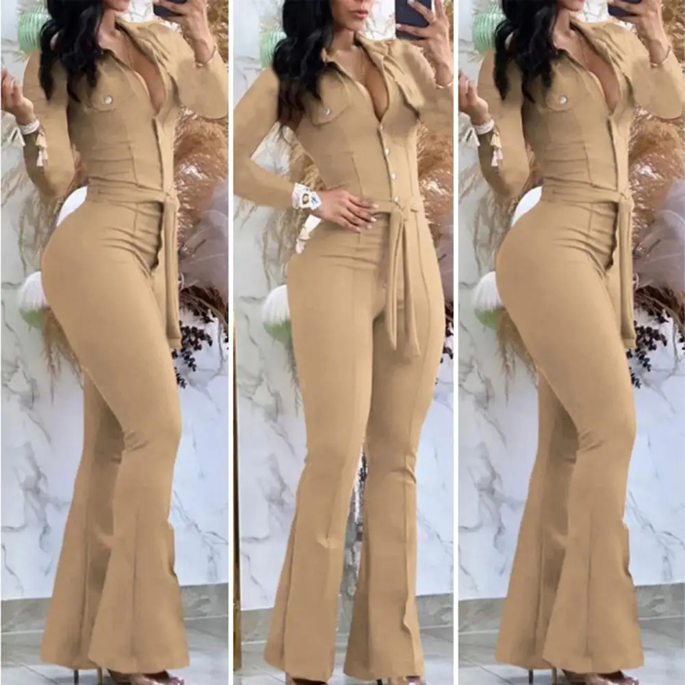 

Jumpsuit Women 2023 Spring Fashion Buttoned Tied Detail Turn-Down Collar Plain Long Sleeves Skinny Daily Long Flared Jumpsuit