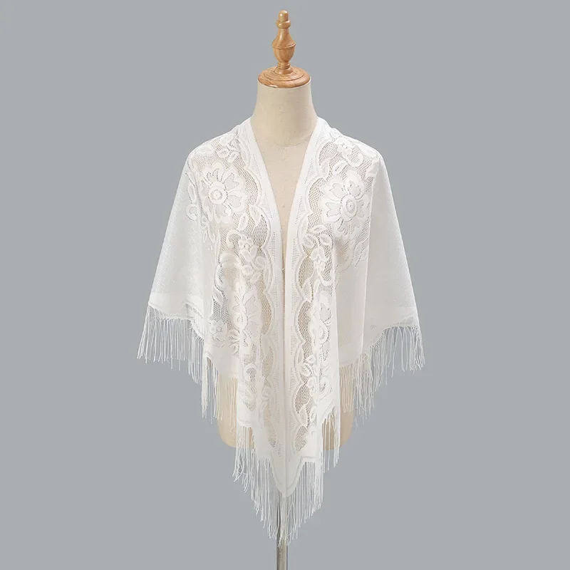 

Lace Punching Pure Color Triangle Women's Scarf Flower Embroidery Fringe Solid Breathable Triangle Shawl Buy 10 Get 3 Free Scarf