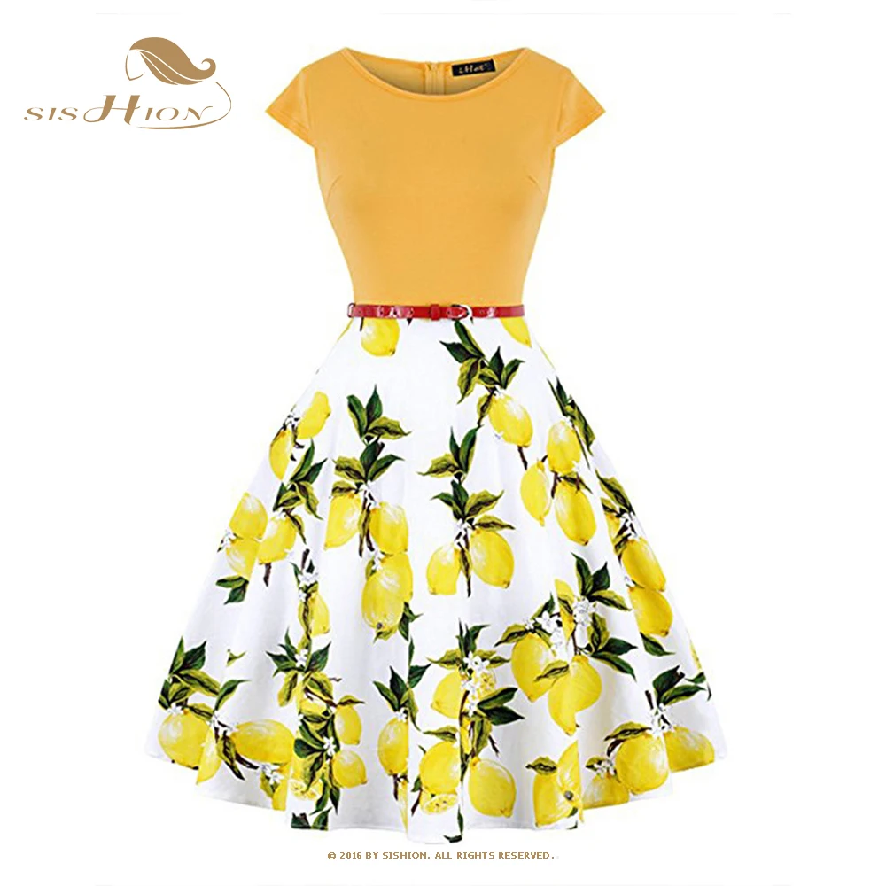 

Sleeveless 50s 60s Retro Vintage Women Casual Dress Pinup Rockabilly Robe Femme Jurken Lemon Floral Printed Party Dress vd3793