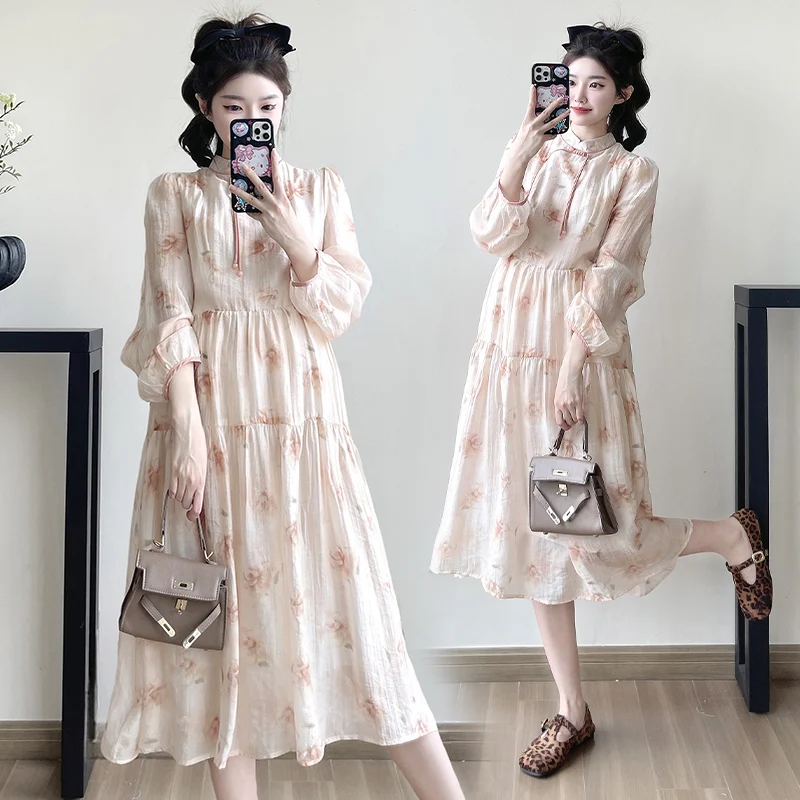 2025 Spring Autumn Maternity Floral Dress Ruffled Stand Collar Long Sleeve Pregnancy Chiffon Dress Sweet Fashion Pleated Shirts 6 S77655c799e194e6f9e82dab5f2f4b82dO