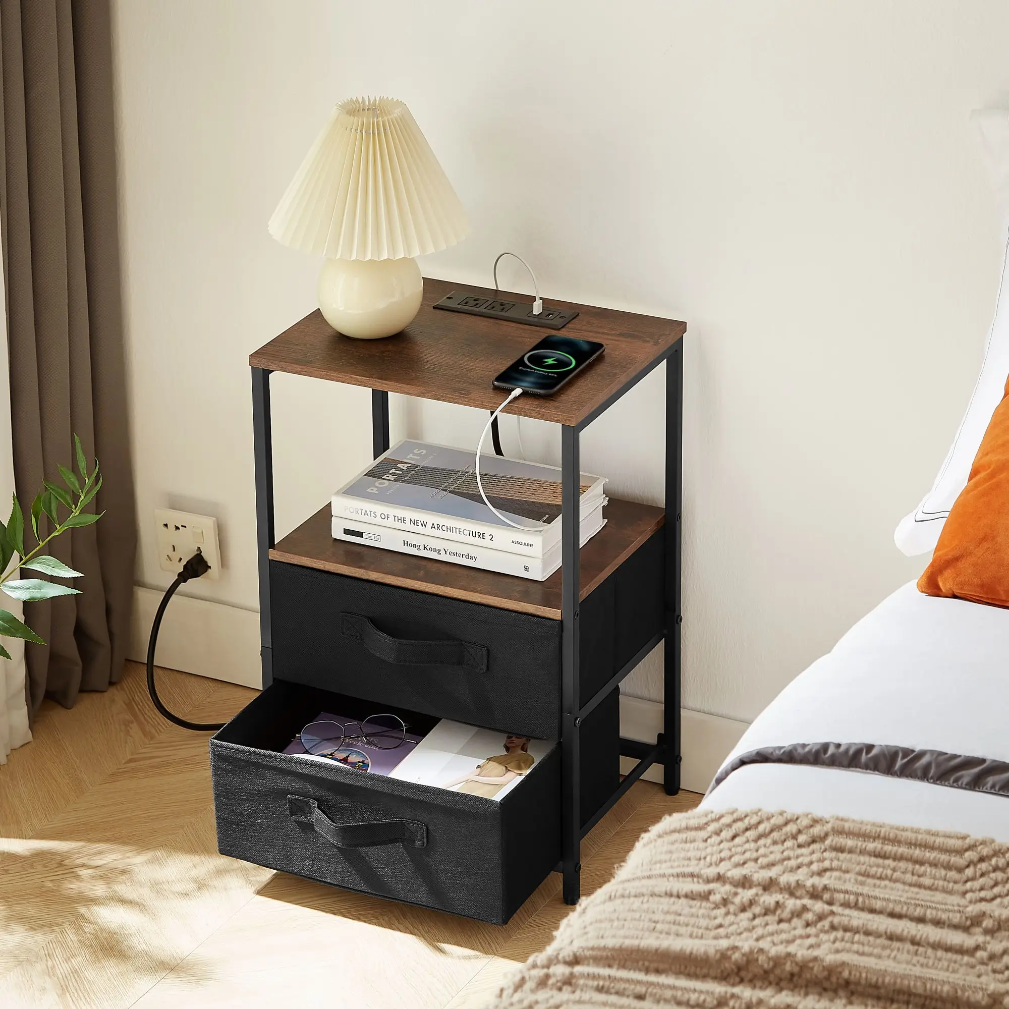 End Table with Charging Station, Nightstand with USB Port, Outlet and Fabric Bag, 2 Drawers Side Table, Sofa Cabinet 
End Table with Charging Station, Nightstand with USB Port, Outlet and Fabric Bag, 2 Drawers Side Table, Sofa Cabinet