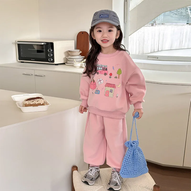 

2024 Spring Children Girls 2PCS Clothes Set Cartoon Korean Pullovers Solid Jogger Pant Toddler Girl Tracksuits Baby Girl Outfits