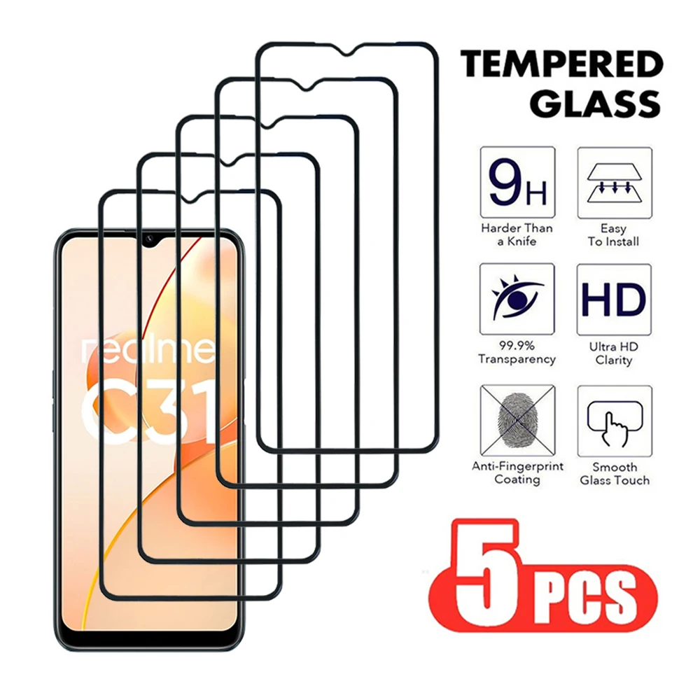 

5Pcs Full Cover Tempered Glass On The For Realme C55 C53 C51 C35 C33 C31 C30 Screen Protector C25 C21 C20 Protective Glass Film