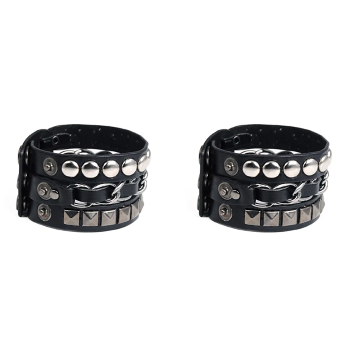 

2X Punk Rock Rivet Multi Layers Circles Pyramid Stud Chain Leather Bracelet