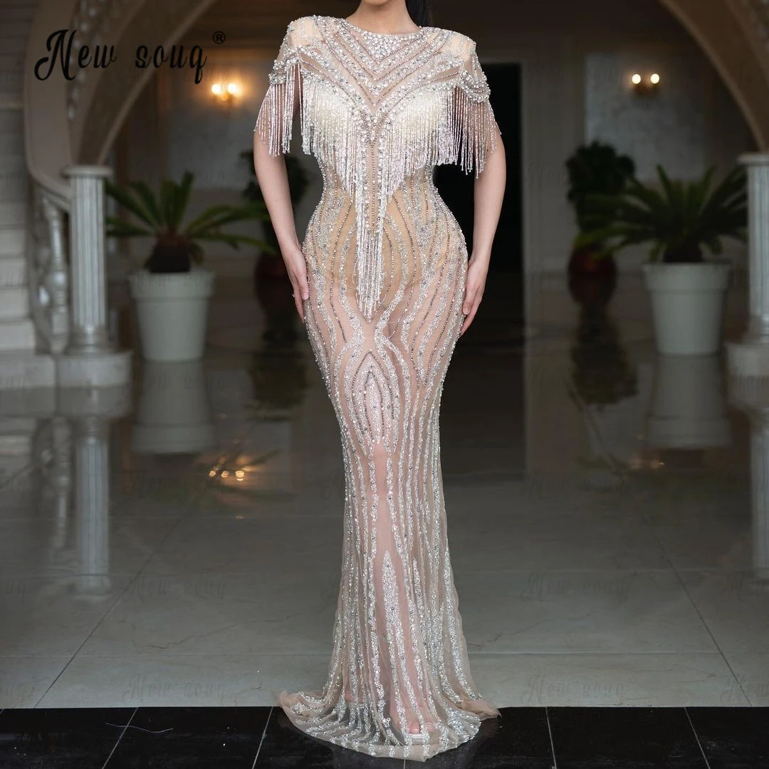 

Handmade Tassel Light Champagne Evening Dress Illusion Mermaid Caped Shoulder Wedding Event Gowns Heavy Crystals Prom Gowns 2024