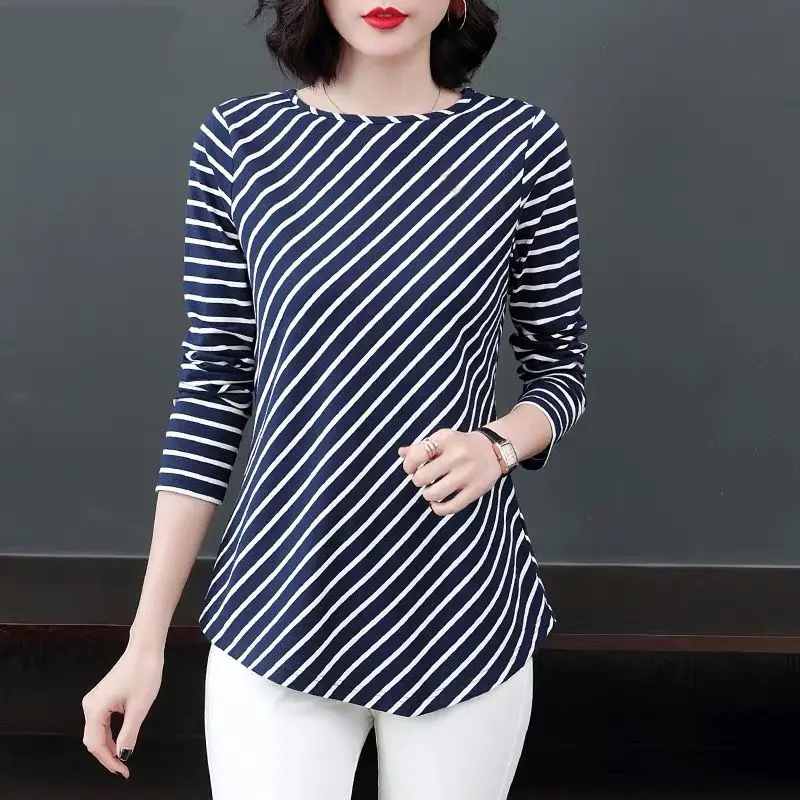 

Spring New Plus Size Striped T Shirt Tops Long Sleeve O-Neck Irregular All-match Bottoming Shirt Vintage Fashion Women Clothing