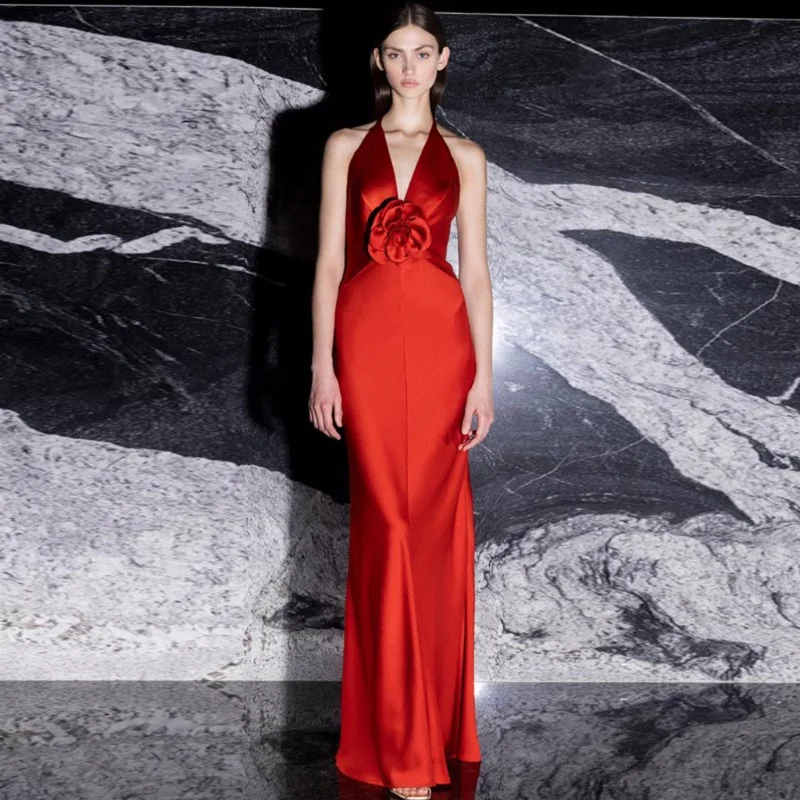 

Красное Атласное Платье с V-образным вырезом, элегантное прямое вечернее платье до пола с цветочным узором, длинные платья для выпускного вечера с разрезом Ever Pretty