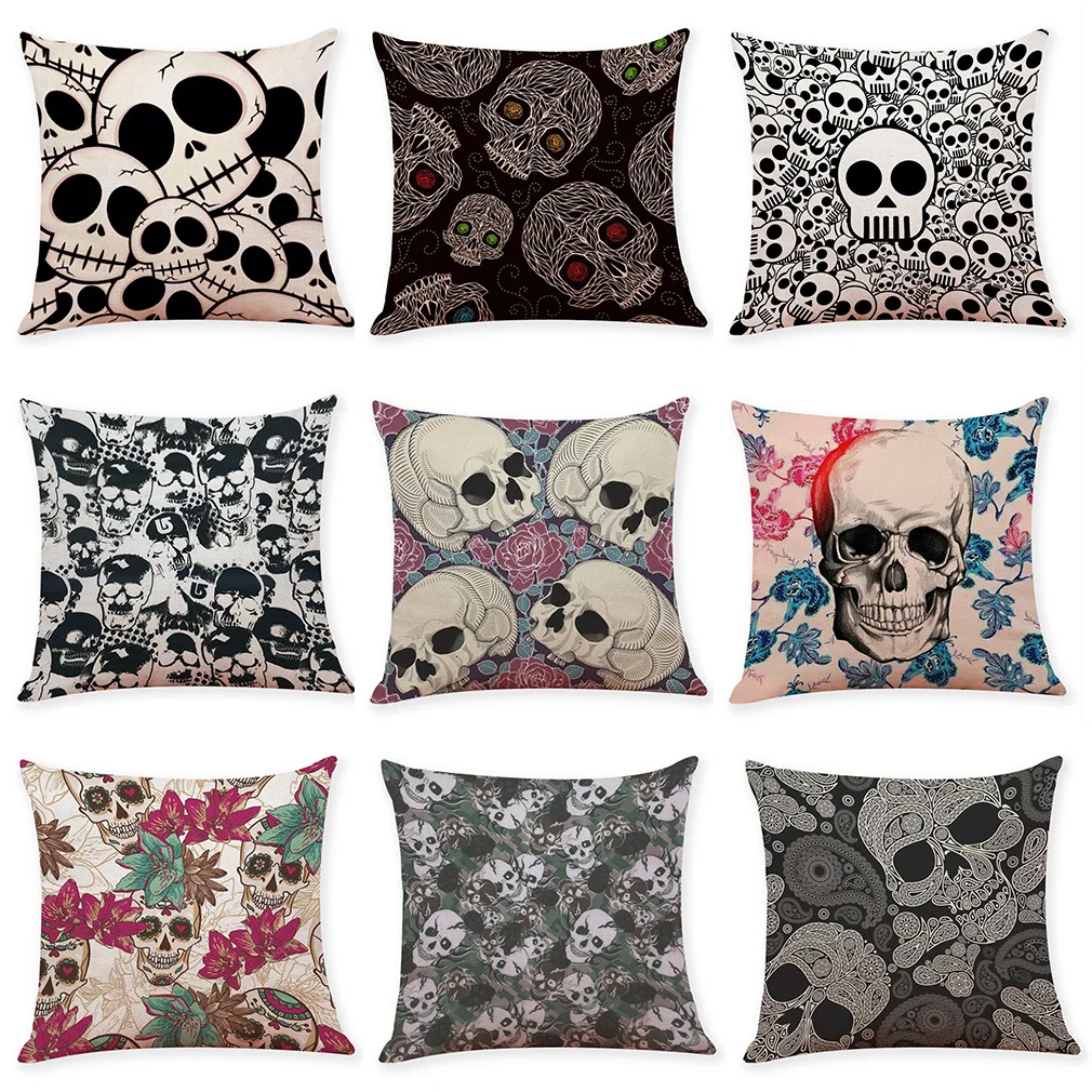

Funny Skull Pillow Case Flower Skull Linen Pillowcase Decor Home Decorative Pillows for Sofa Bed Couch Chair Pillow Cover 45x45