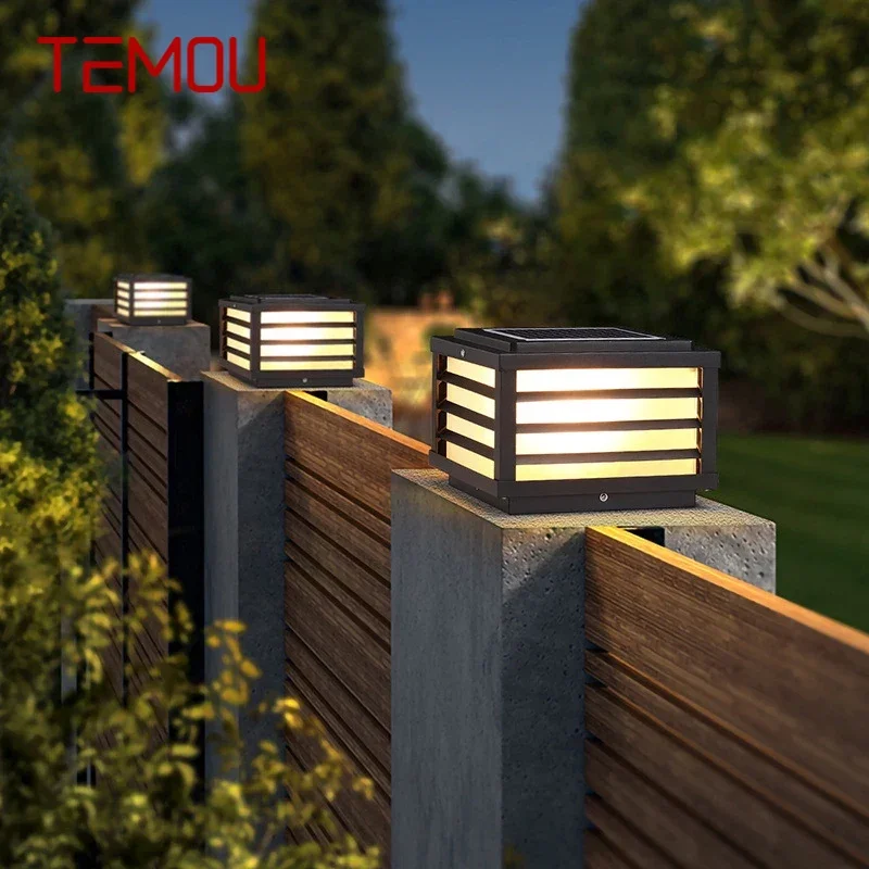 

TEMOU Solar Post Lamp Outdoor Vintage Simple Black Decor Pillar Light LED Waterproof IP65 for Home Villa Porch Courtyard