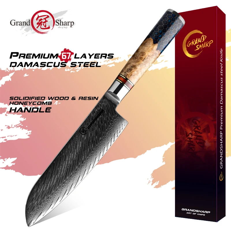 Grandsharp 7 inch Japanese Santoku Knife 67 Layers AUS-10 Damascus Steel Kitchen Knives Fish Meat Vegetable Cutter Knive Gift
Grandsharp 7 inch Japanese Santoku Knife 67 Layers AUS-10 Damascus Steel Kitchen Knives Fish Meat Vegetable Cutter Knive Gift
