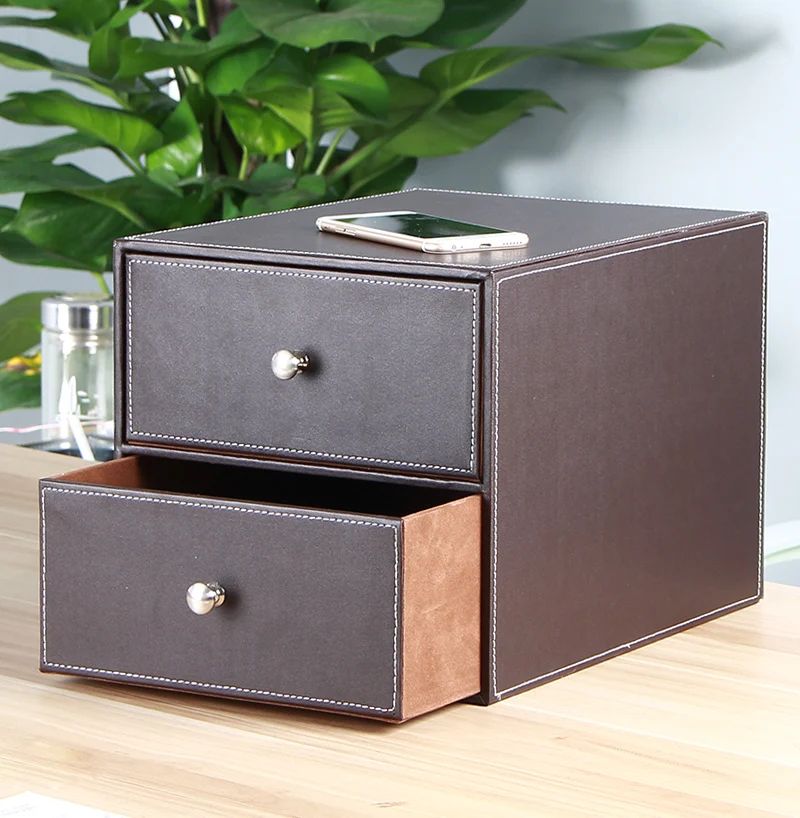 Фото Двухслойный двойной ящик деревянная структура кожаный стол офисный Органайзер