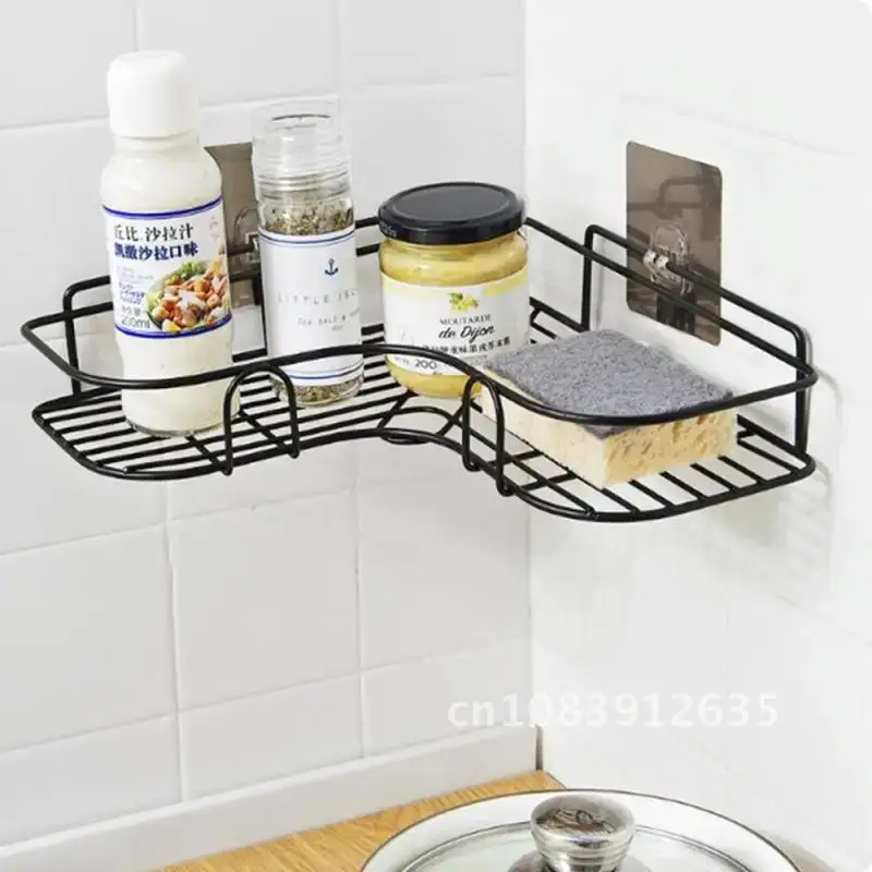 

Free Punch Corner Bathroom Shelf Fixtures Iron Wrought Storage Rack Kitchen Tripod Wall Shelf Accessories Bathroom