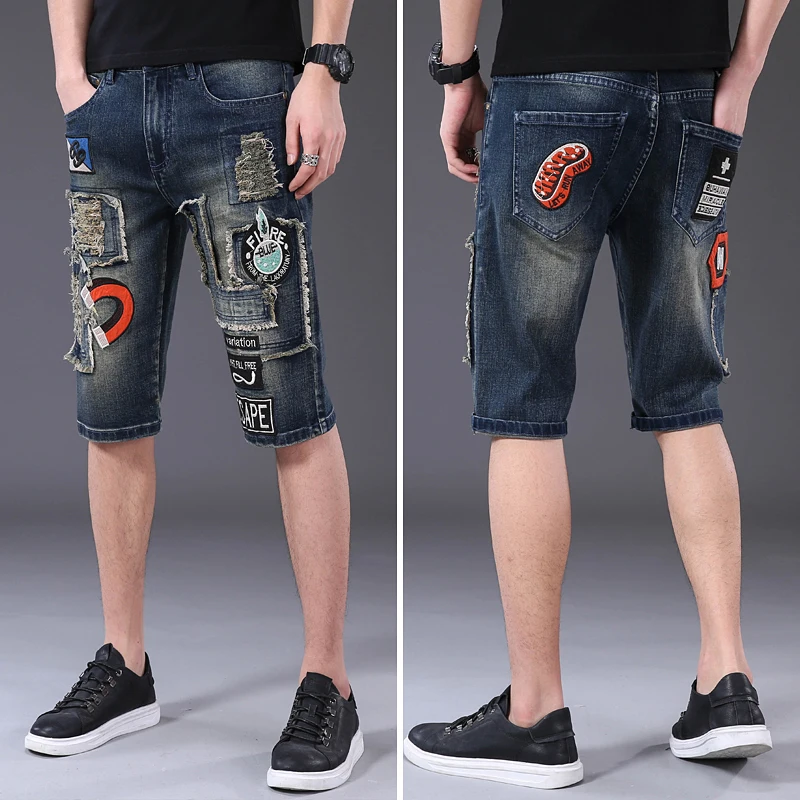 

Summer Motorcycle Denim Shorts Men's Personalized Ripped Retro Cropped Pants Embroidered Patch Street Fashion Stretch Pants