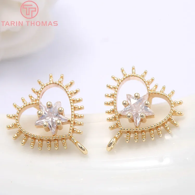 

(2658)4PCS 13x13MM Hole 1MM 24K Gold Color Plated Brass with Zircon Heart Stud Earrings High Quality DIY Jewelry Making Findings