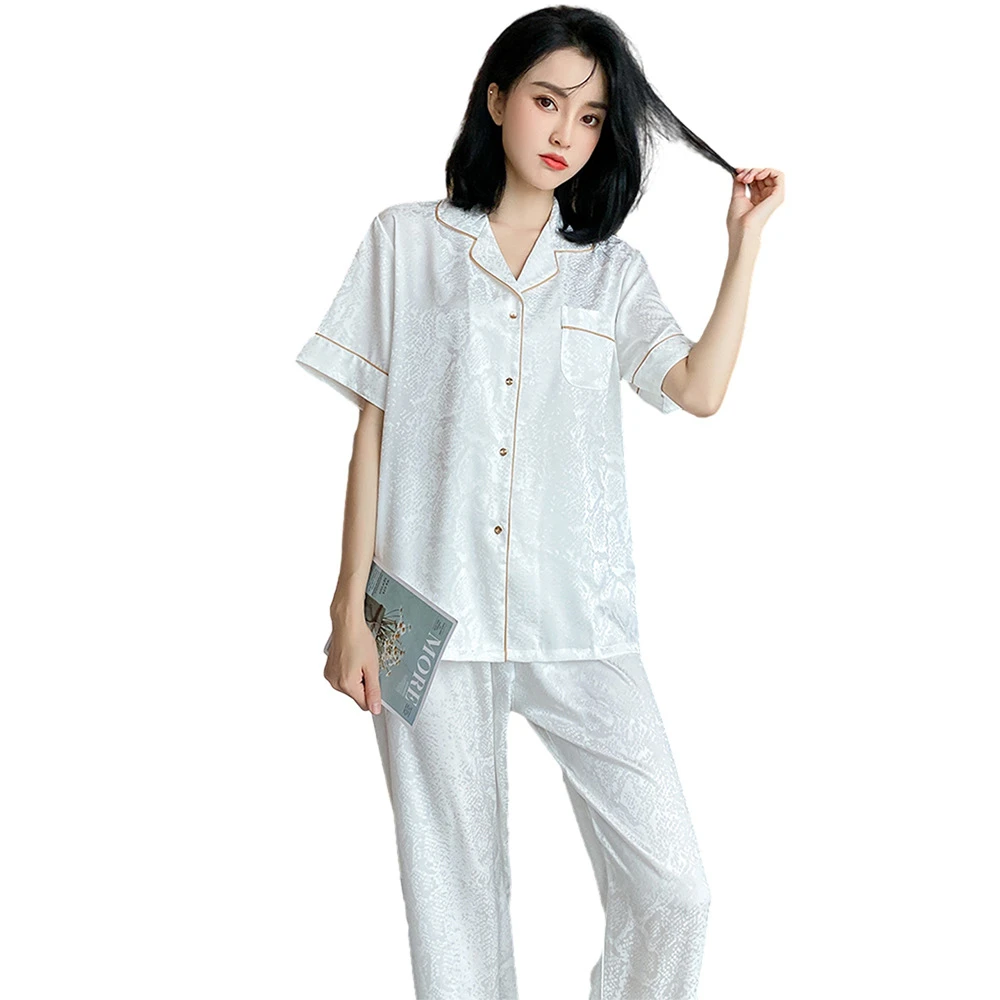 

Women Summer Short Sleeve Trousers Pajama Set Satin Jacquard Luxury Large Size Loose Two-piece Home Clothes Nightwear Loungewear