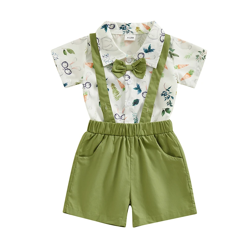 

Baby Boy Summer Clothes Gentleman Outfit Short Sleeve Rabbit Print Romper Suspender Shorts Infant Easter 2PCS Set