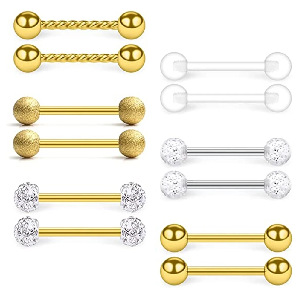 

WKOUD 12PCS 14G Stainless Steel Clear CZ Shield Nipple Ring Tongue Barbell Rings Bars Retainer Body Piercing Jewelry Gold