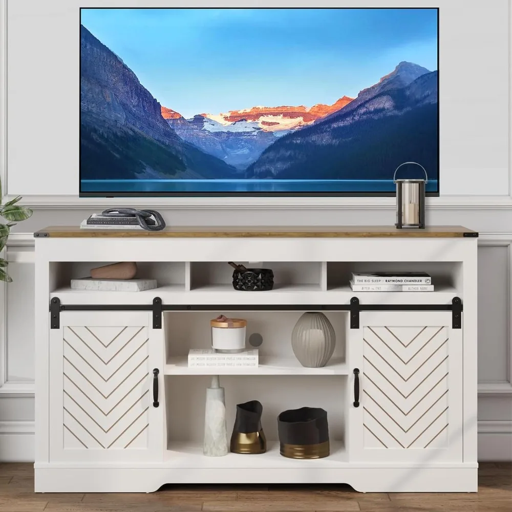 

HEYNEMO Modern Farmhouse TV Stand for Televisions up to 65 Inch with Two Sliding Barn Doors and Storage Cabinets