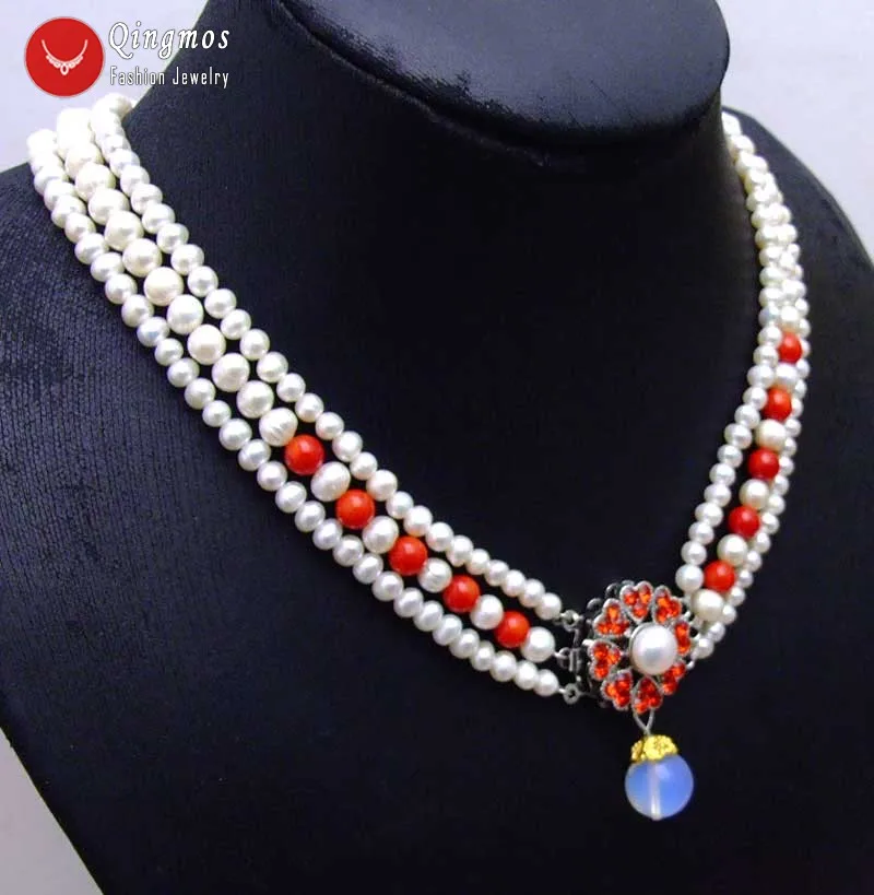 

Qingmos 6-7mm Round Natural White Pearl Necklace for Women with 12mm Opal Pendant Necklace Red Coral 3 Strands 18" Chokers