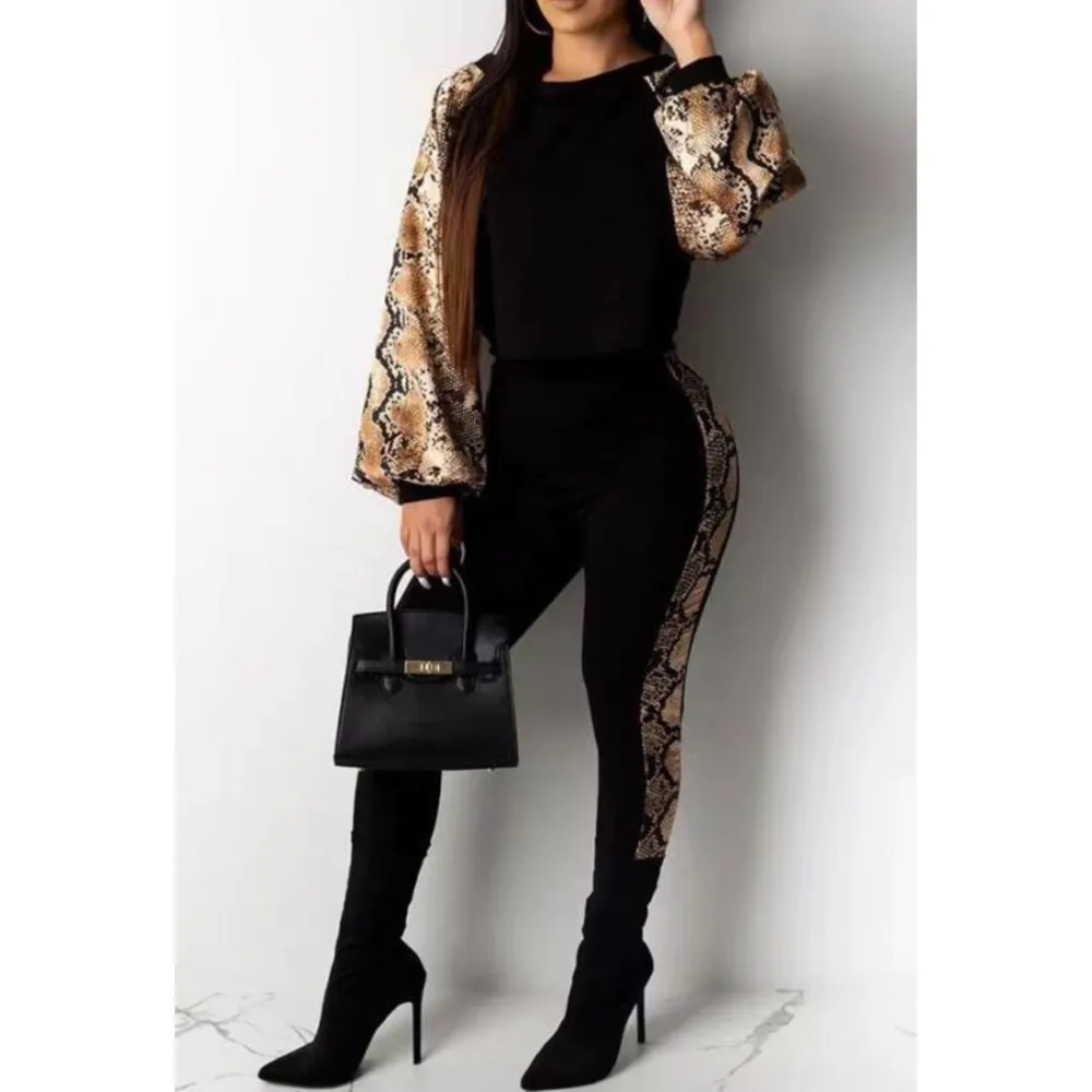 

Women Fashion Leopard Splic Two Piece Set Autumn Winter O-neck Batwig Sleeve T-shirts & Elastic Waist Pencil Pant Sets Tracksuit