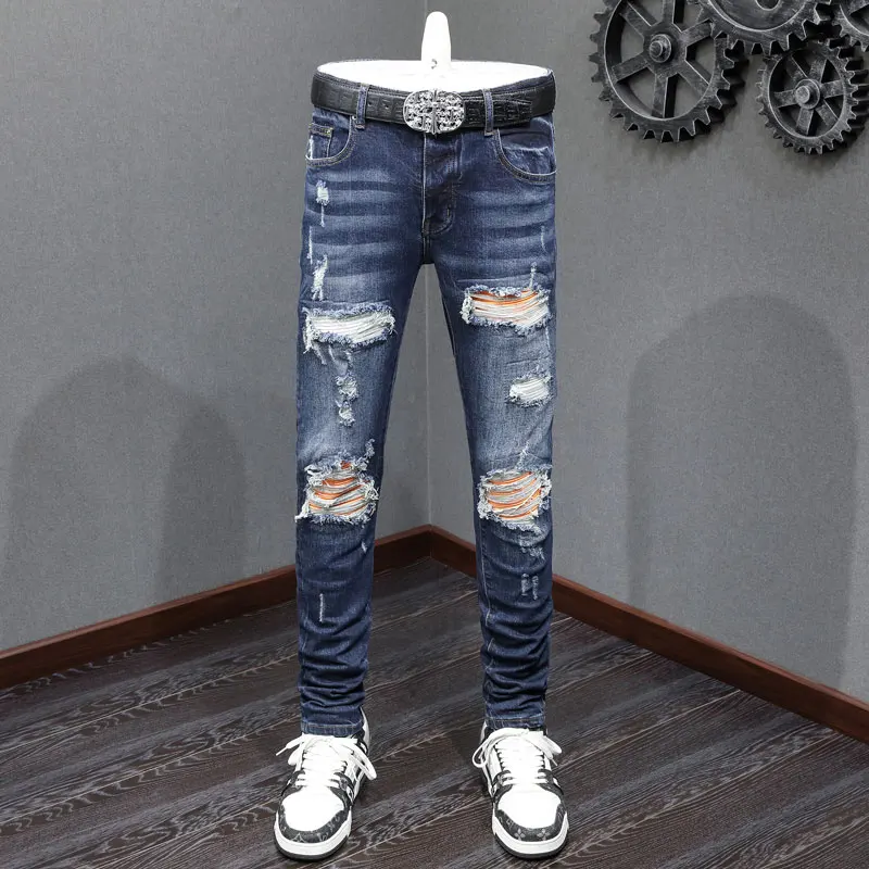 

Street Fashion Men Jeans High Quality Retro Blue Stretch Skinny Ripped Jeans Men Leather Patched Designer Hip Hop Brand Pants