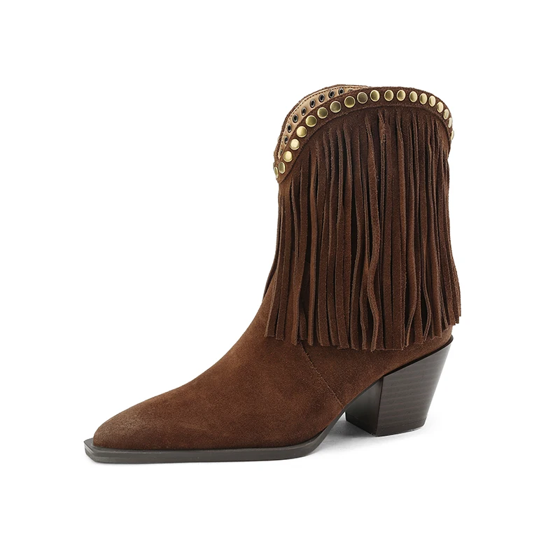 Women Boots 2022 Metal Studded Tassel Pointed Cow Suede Western Cowboy Boots Female Fashion Retro Chunky Slip-on Ankle Boots New
Women Boots 2022 Metal Studded Tassel Pointed Cow Suede Western Cowboy Boots Female Fashion Retro Chunky Slip-on Ankle Boots New
