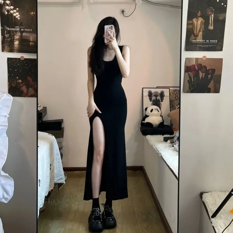 

Black Sleeveless Dress Women Korean Fashion Style Side Slit Irregular Midi Sexy Sheath Solid Elegant Chic Summer Платье Y2k