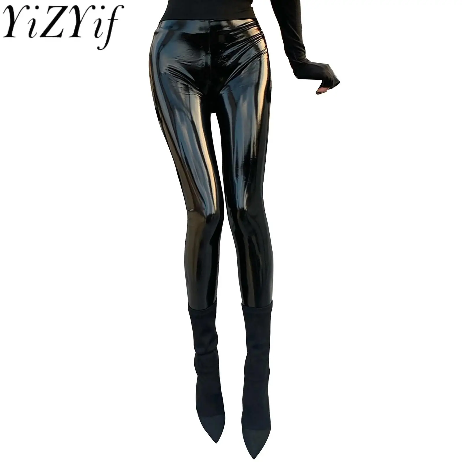 

Womens Fashion Patent Leather Latex Pants Wet Look High Waist Stretchy Leggings Skinny Trousers Party Clubwear for Pole Dancing