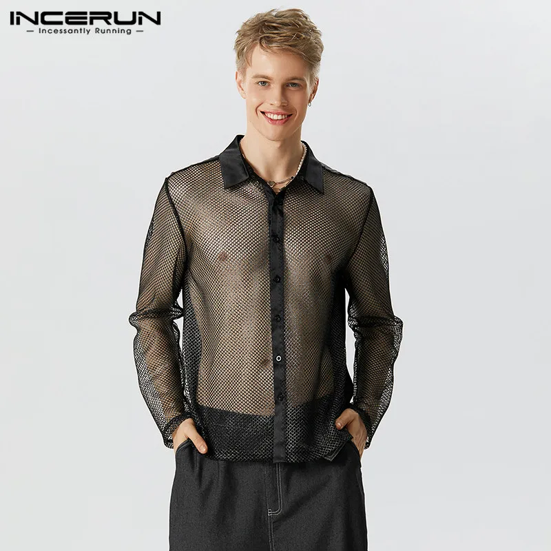 

INCERUN Tops 2023 American Style Men's Glitter Fabric See-through Mesh Shirts Casual Male Lapel Button Long Sleeved Blouse S-5XL