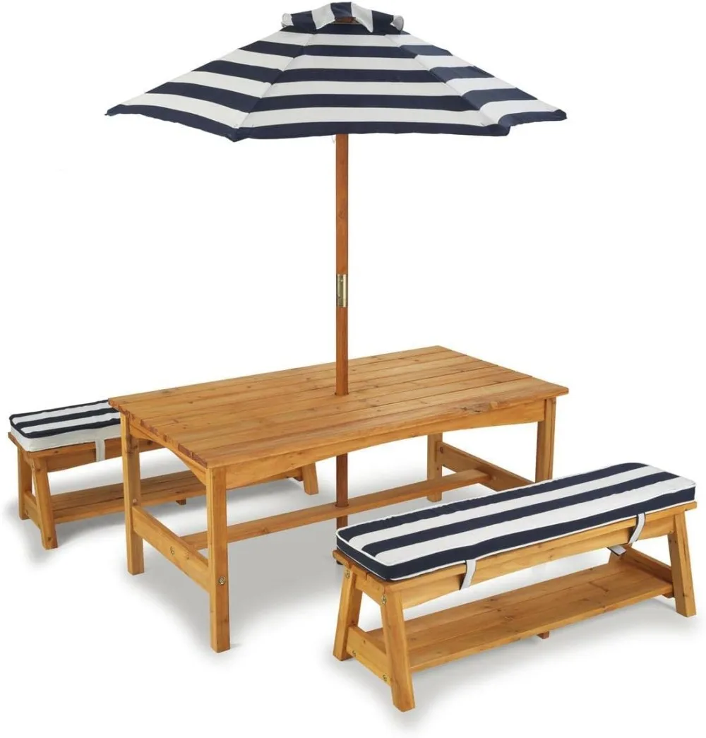 Outdoor Wooden Table & Bench Set with Cushions and Umbrella, Kids Backyard Furniture, Navy and White Stripe Fabric
Outdoor Wooden Table & Bench Set with Cushions and Umbrella, Kids Backyard Furniture, Navy and White Stripe Fabric