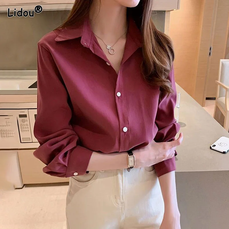 Однотонная Всесезонная женская рубашка-поло из смешанного материала, Офисная Женская тонкая однобортная просторная Женская одежда, новинка 2022 
Однотонная Всесезонная женская рубашка-поло из смешанного материала, Офисная Женская тонкая однобортная просторная Женская одежда, новинка 2022