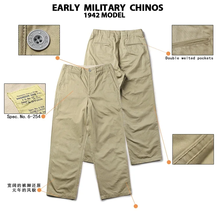 Rugged Bronson Army Chino Trousers 1942 Pattern Khakis Military Style Casual Pants 30
