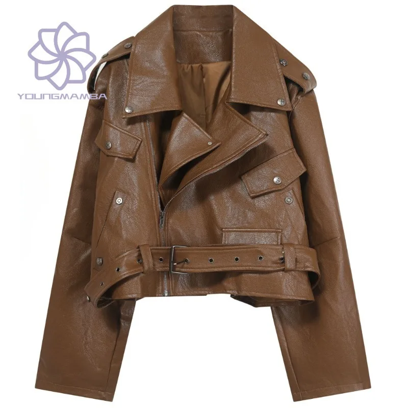 

Женская мотоциклетная куртка из ПУ кожи, однотонная свободная короткая куртка в американском стиле, верхняя одежда для осени и зимы, 2023