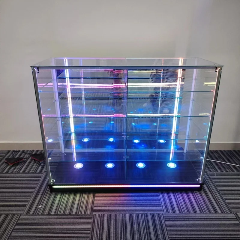 Custom. colorful 48 inch smoke shop showcase 4 glass shelves glass display with RGB light
Custom. colorful 48 inch smoke shop showcase 4 glass shelves glass display with RGB light