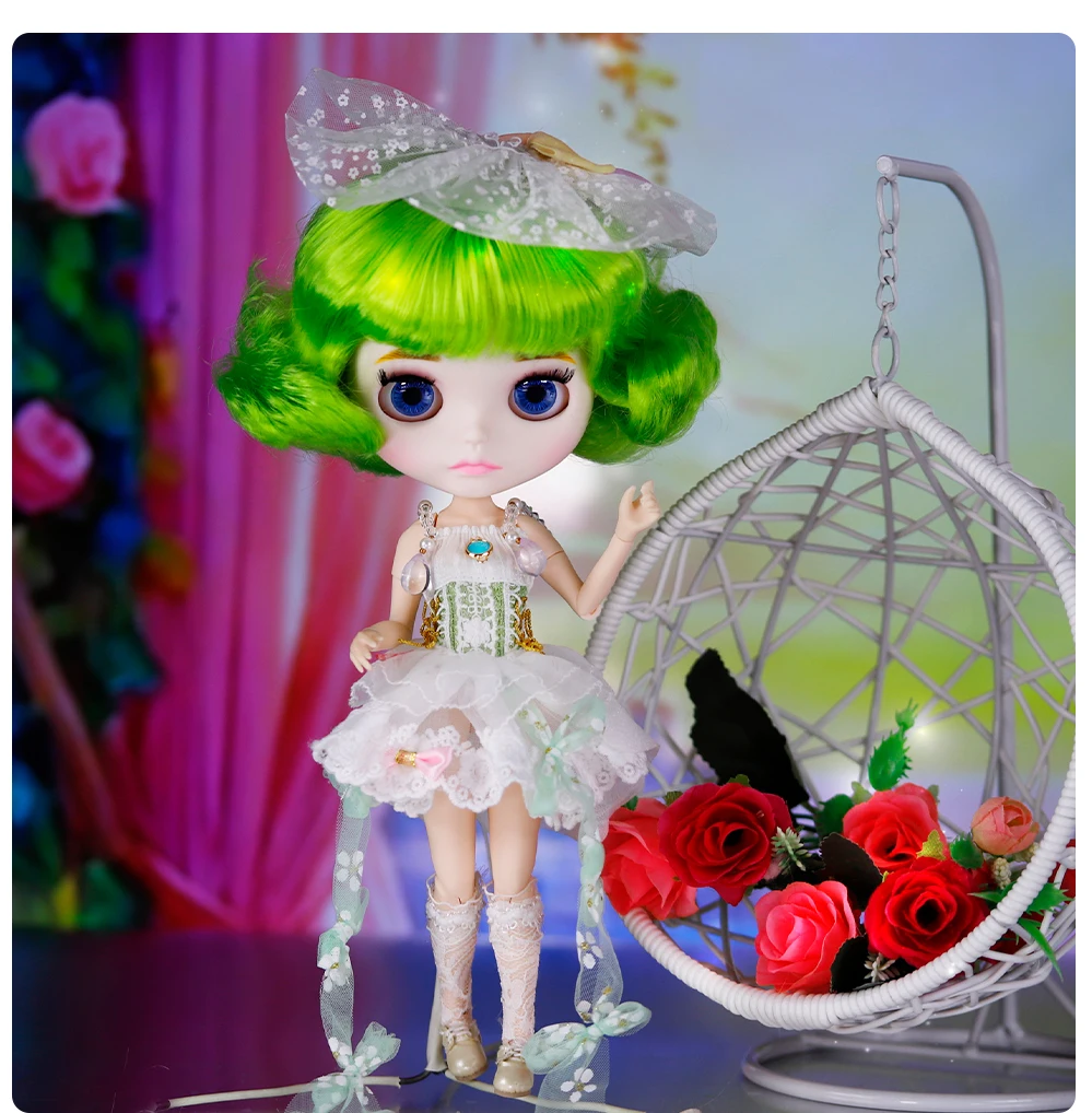 Neo Blythe Doll with Green Hair, White Skin, Matte Cute Face & Custom Jointed Body 3 Neo Blythe Doll with Green Hair, White Skin, Matte Cute Face & Custom Jointed Body 3