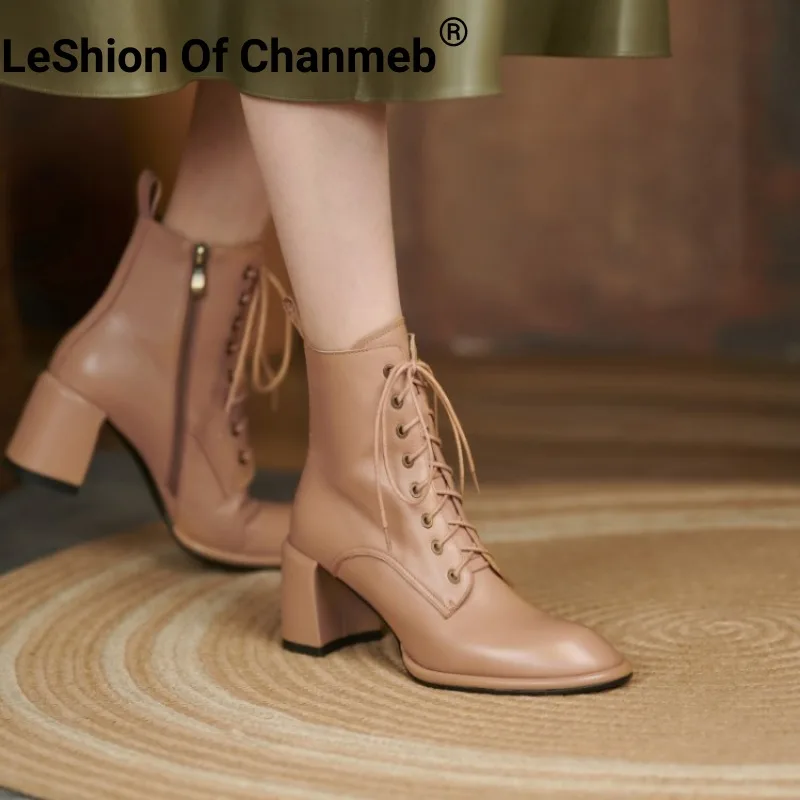 

LeShion Of Chanmeb Natural Leather Boots Women Nude Thick High Heeled Lace-up Short Boots Woman Winter Round Toe Zipper Shoes 42