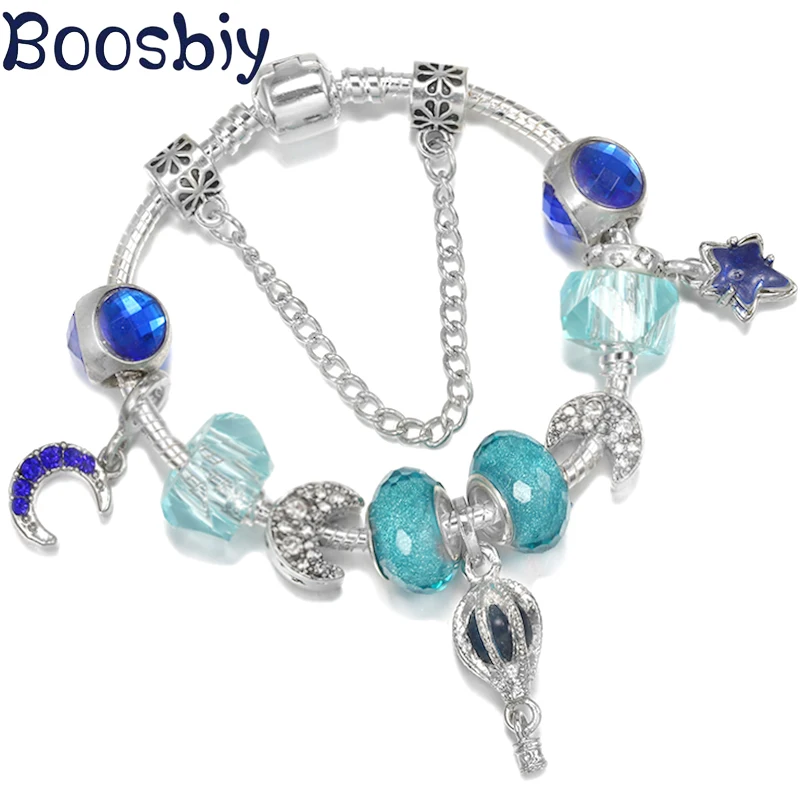 

Blue Hot Air Balloon & Moon Bead With Star Pendent DIY Charm Brand Bracelet Fashion Jewelry For Women Making Gift New Desgin