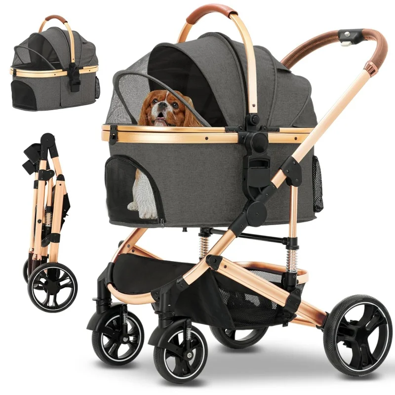 

Pet Stroller 3 in 1 Folding Lightweight Dog Stroller with Detachable Carrier & Storage Basket, Premium 4 Wheels Travel Strol