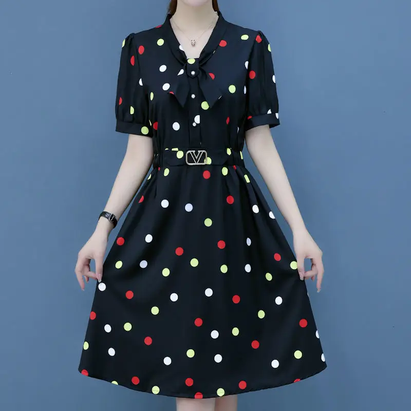 

Stylish Polka Dot Dresses A-Line Sashes Women's Clothing Contrasting Colors Summer Commute Scarf Collar Button Korean Midi Dress