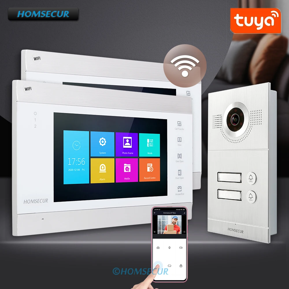 

HOMSECUR 4 Core WIFI Tuya 7" Video Doorphone Intercom Door Bell Motion Detection HD Doorbell Camera IP65 1.3MP for 2 Families