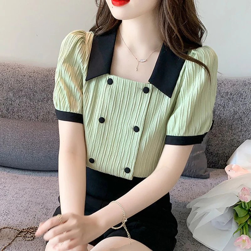 

Sweet Lapel Button Spliced Solid Color Puff Sleeve Shirts Women's Clothing 2024 Summer New Loose All-match Tops Korean Blouses