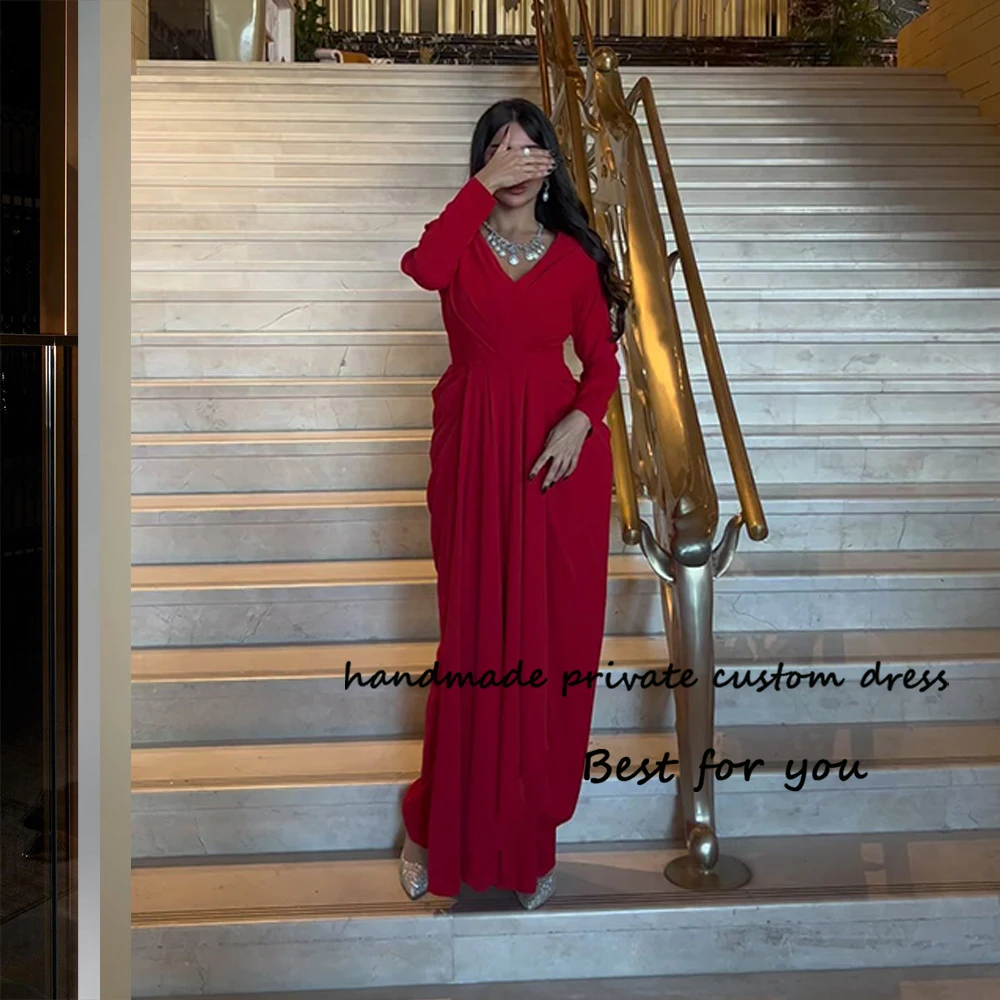 Red Satin Mermaid Evening Dresses Long Sleeve V Neck Arabian Dubai Formal Dress Floor Length Prom Party Gowns Lace Up Back
Red Satin Mermaid Evening Dresses Long Sleeve V Neck Arabian Dubai Formal Dress Floor Length Prom Party Gowns Lace Up Back
