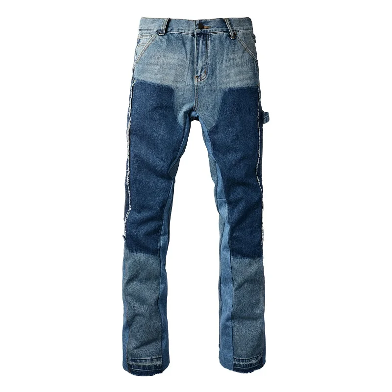 

Men Loose Pockets Cargo Jeans Fringe Spliced Release Hem Boot Cut Pants Non Stretch Denim Flared Trousers