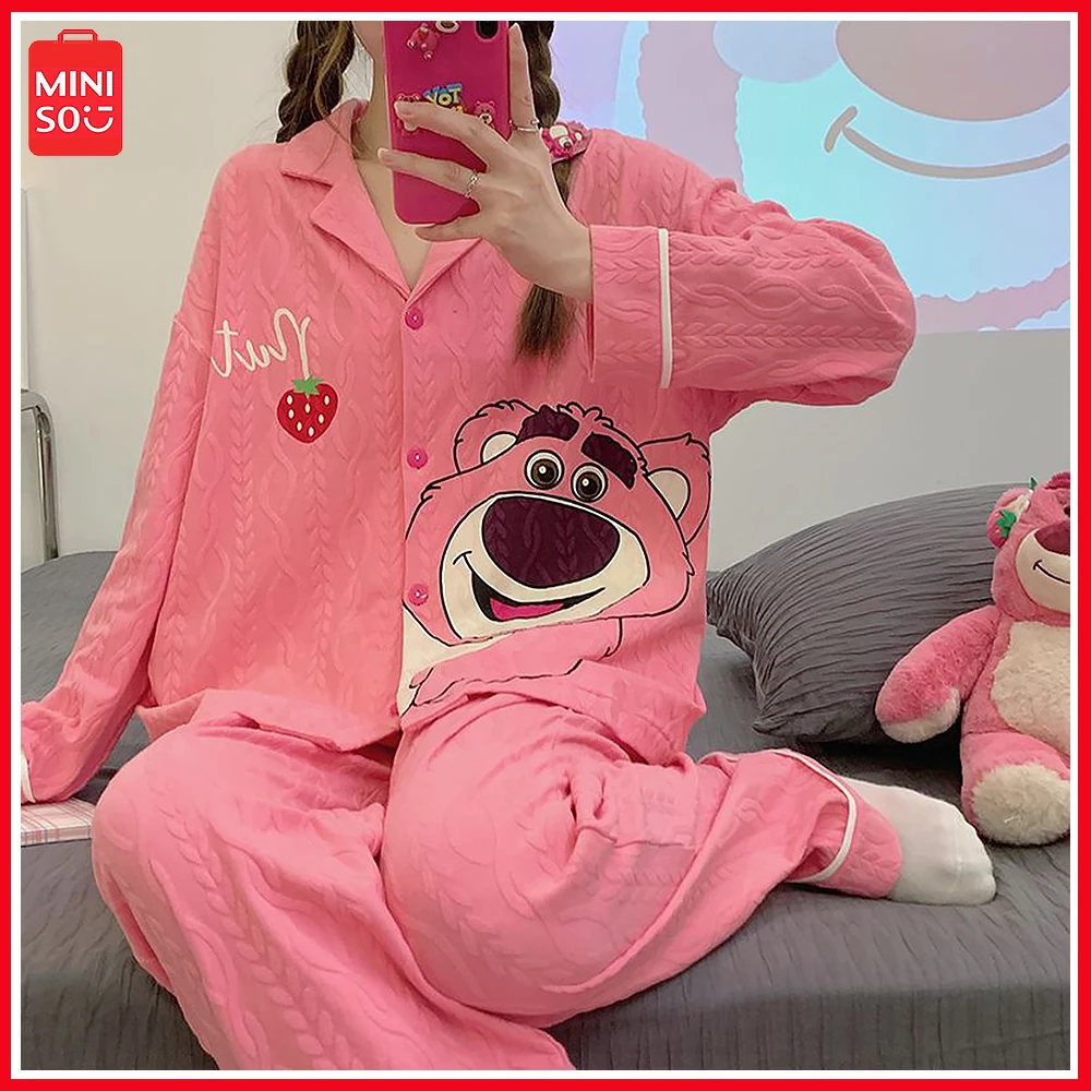 

Miniso Lotso Students Casual Soft Comfortable Pajamas Women Spring Summer Long Sleeve Pure Cotton Lazy Wear Home Suit Christmas