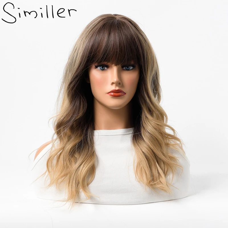 

Similler Women Synthetic Wigs with Bangs Medium Curly Hair Heat Resistance Dark Brown to Sandy Blonde Wig for Daily Use