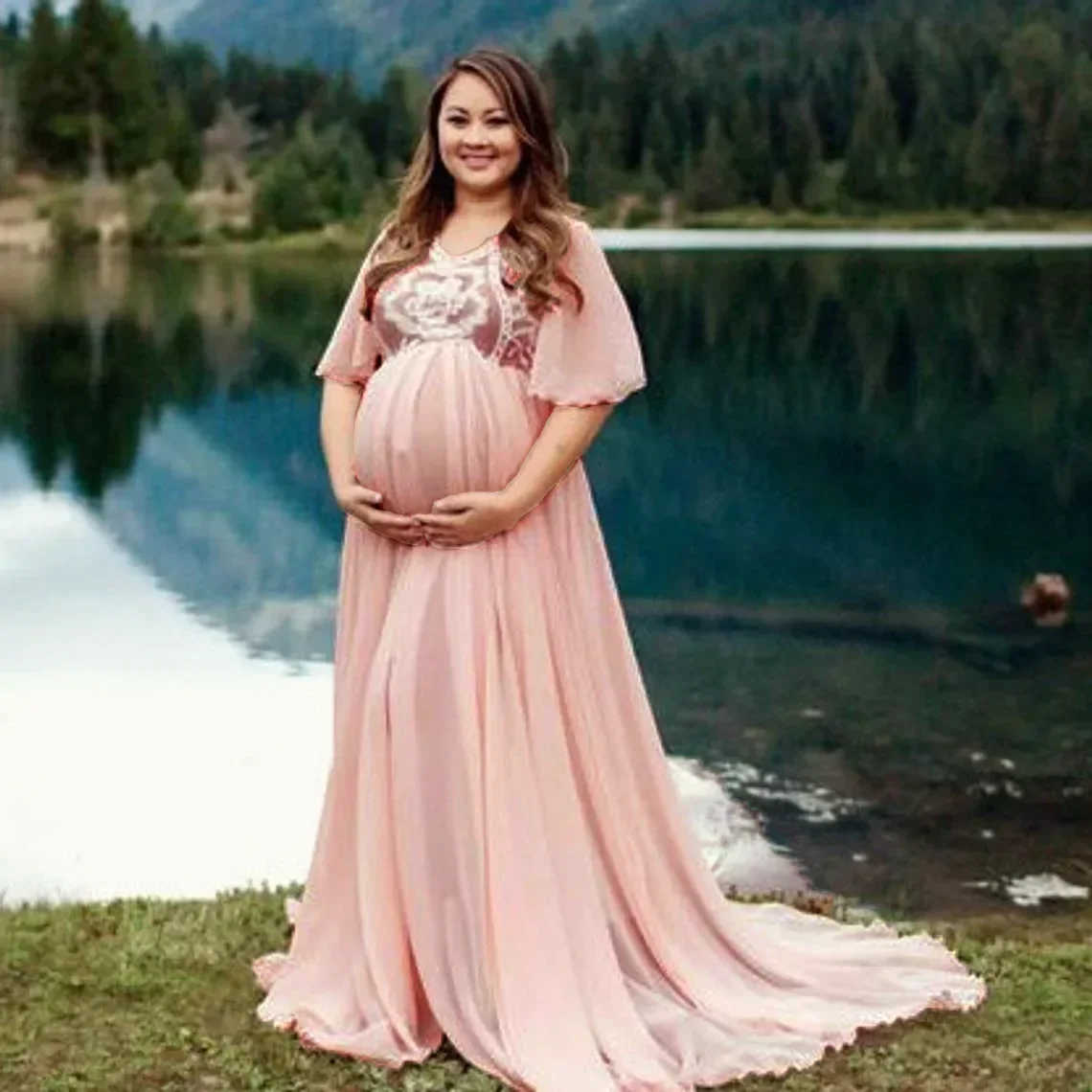 

Maternity Long Dress Ruffles Lace Off Shoulder Stretchy Maxi Photography Pregnant Women Gowns Pregnancy Dress Photo Shoot