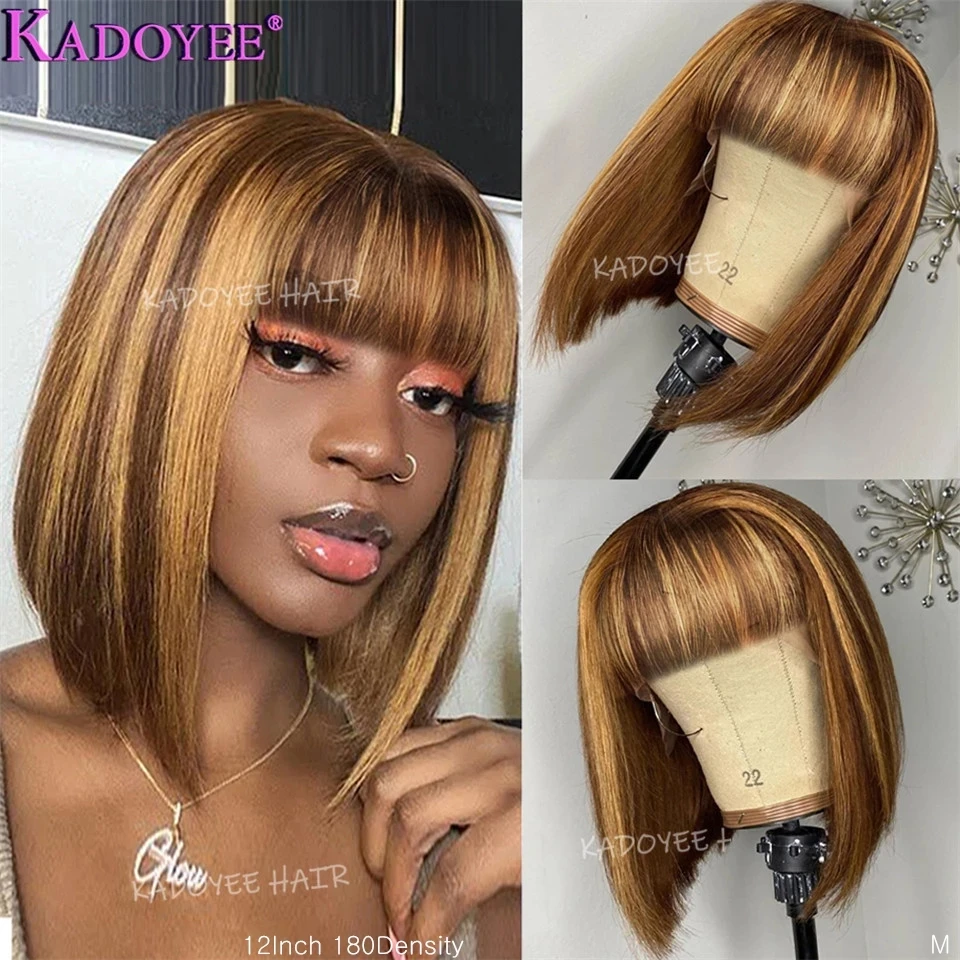 

Highlight Straight Glueless Wig Human Hair With Bangs Honey Blonde Straight Short Bob Wigs For Women Brazilian Full Machine Wigs